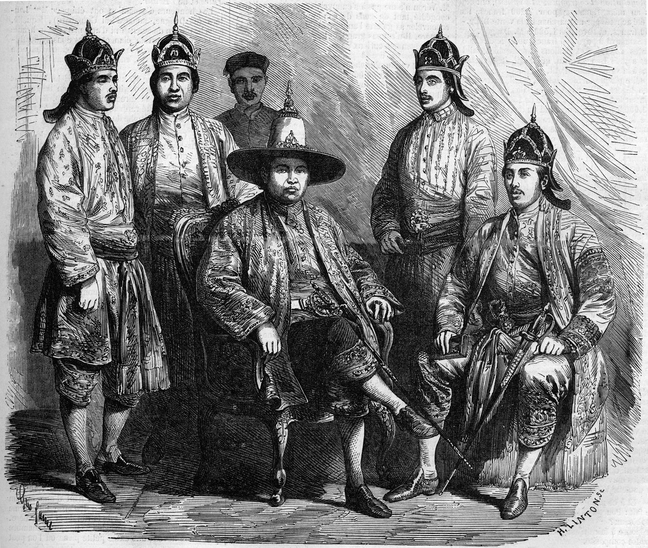 Siamin (Thaimaa) suurlähettiläät vierailullaan Pariisissa vuonna 1858. Kaiverrus "" Le Monde Illustré" -julkaisussa nro 49 20. maaliskuuta 1858. tekijältä French School