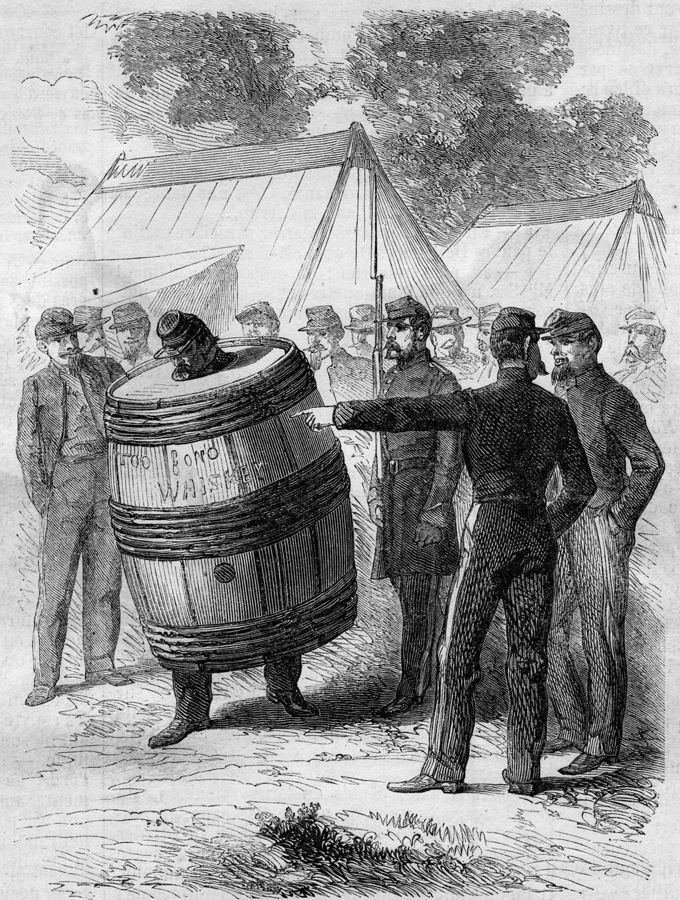 Amerikan sisällissota (1861-1865): Confederen armeijan humalaisen sotilaan rangaistus. Hänellä on tynnyrilävistys ja kävelee leirin läpi muiden sotilaiden huvittavan katseen alla. Kaiverrus "" Le Monde Illustré" -julkaisussa nro 276, 26. heinäkuuta 1862. tekijältä French School
