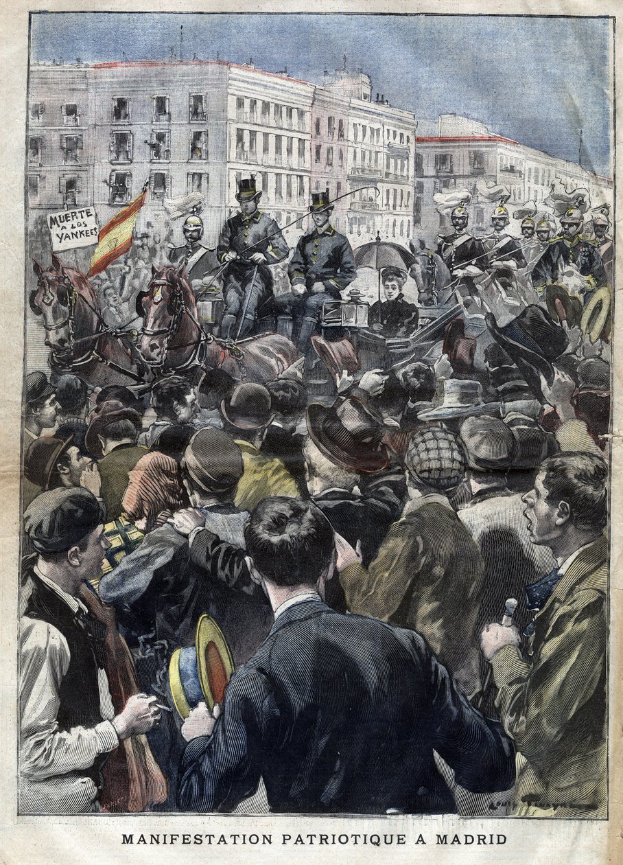 American Hispano War (tai Desastre of 1898) - isänmaallinen mielenosoitus Madridissa vuonna 1898 Espanjan kuningatar Mary Christinen (1858-1929) läsnä ollessa - kaiverrus "La petite Gironde" vuodelta 1898 tekijältä French School