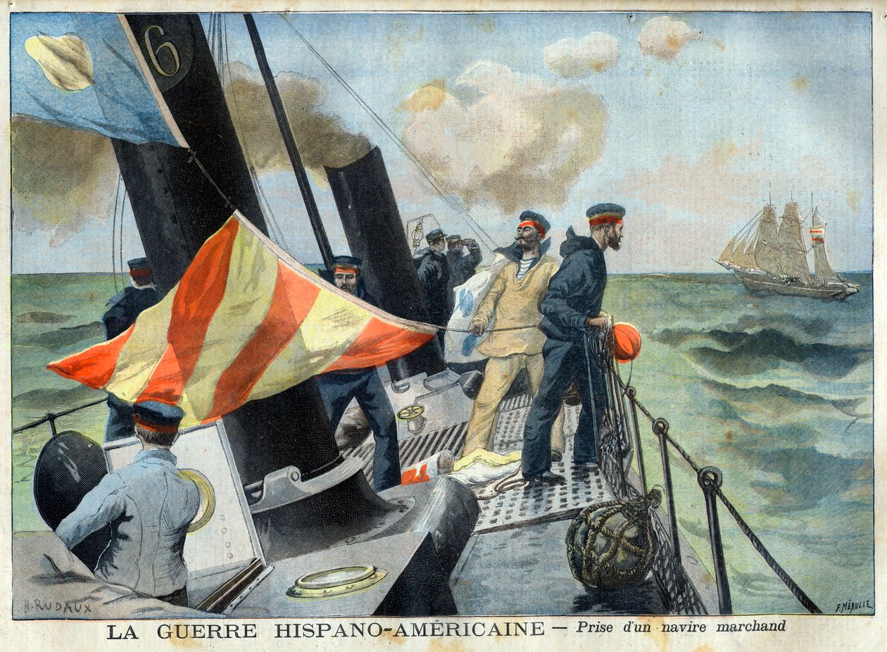 American Hispano War (tai Desastre of 98) - Espanjan ja Amerikan sota: kauppalaivan vangitseminen. Hispano-Amerikan sota - Kauppalaivan ottaminen. Kuvitus Le petit Journalille tekijältä French School