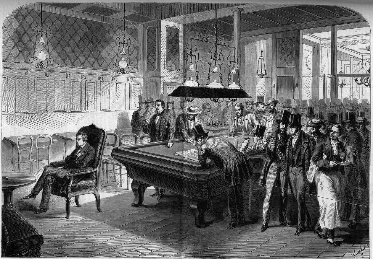 Amerikkalainen shakkipelaaja Paul Morphy (1837-1884) pelaa sokea kahdeksan shakkipeliä Cafe de la Regencessa Pariisissa tekijältä French School