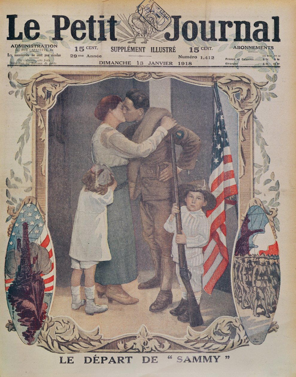 Amerikkalainen sotilas, joka lähtee Eurooppaan ensimmäisen maailmansodan aikana, Le Petit Journalin kansikuva, 13. tammikuuta 1918 tekijältä French School