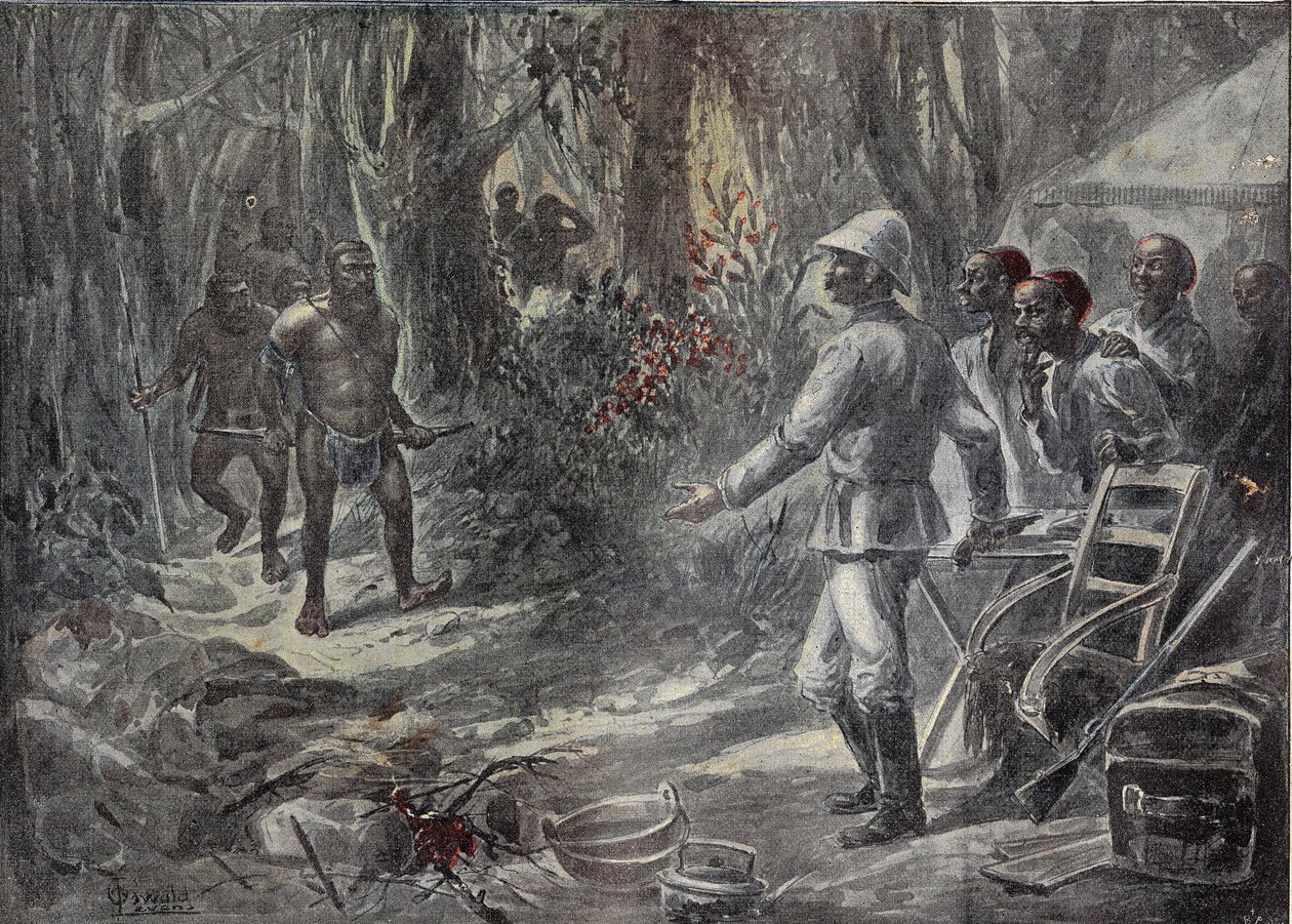 Englantilainen matkailija Lloyd löytää Pygmeest tutkiessaan Afrikkaa. Kaiverrus "" Le Pelerin" -kirjaan 8/04/1899. tekijältä French School