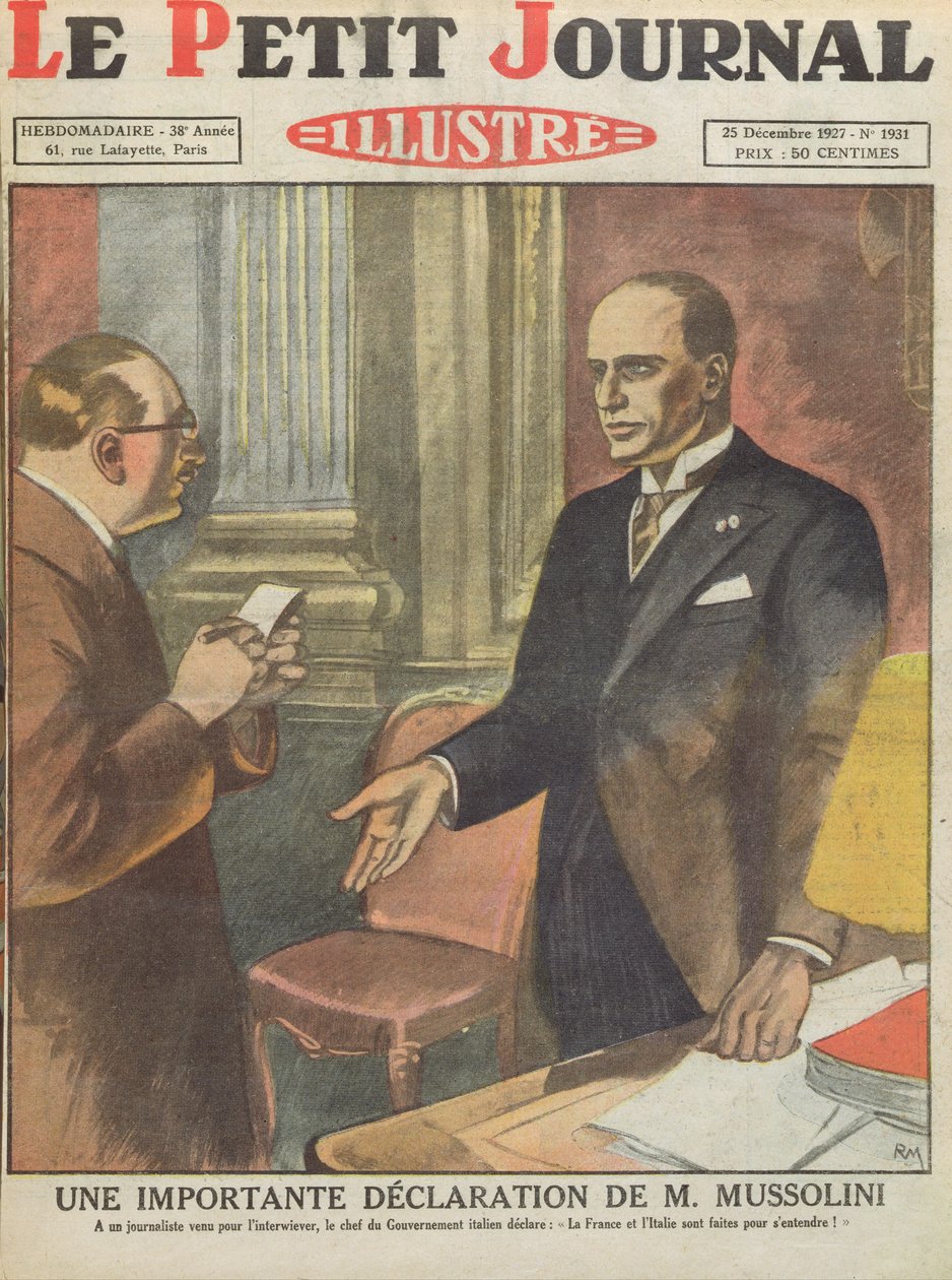 Benito Mussolinin (1883-1945) tärkeä julistus Le Petit Journalista, 25. joulukuuta 1927 tekijältä French School