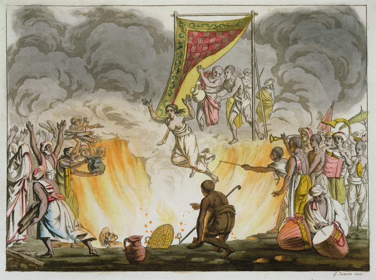 Intialainen leski palaa kuoliaaksi aviomiehensä ruumiineen, levy 30 Intiaa käsittelevästä kirjasta, kaiverrus Gaetano Zancon (1771-1816) tekijältä French School