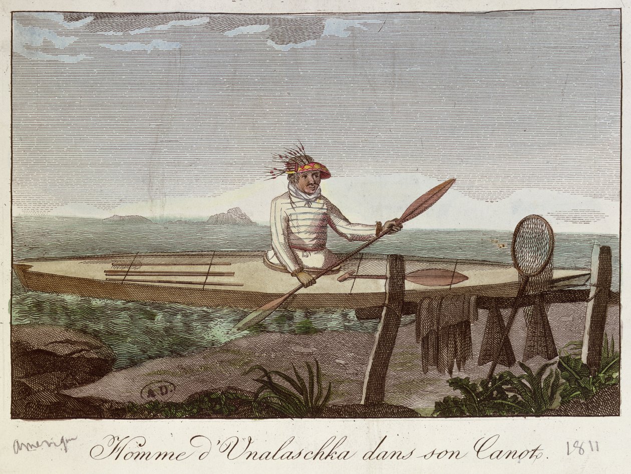 Unalaskan saaren asukas kanootissaan, 1811 tekijältä French School