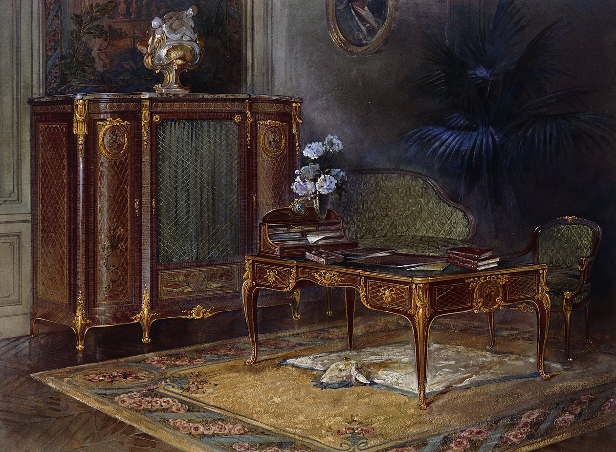 Sisustus Louis XV -tyylisellä Ormolu-asennuksella ja parkettilevyllä ja kirjastolla 43,4 cm., tekijältä French School