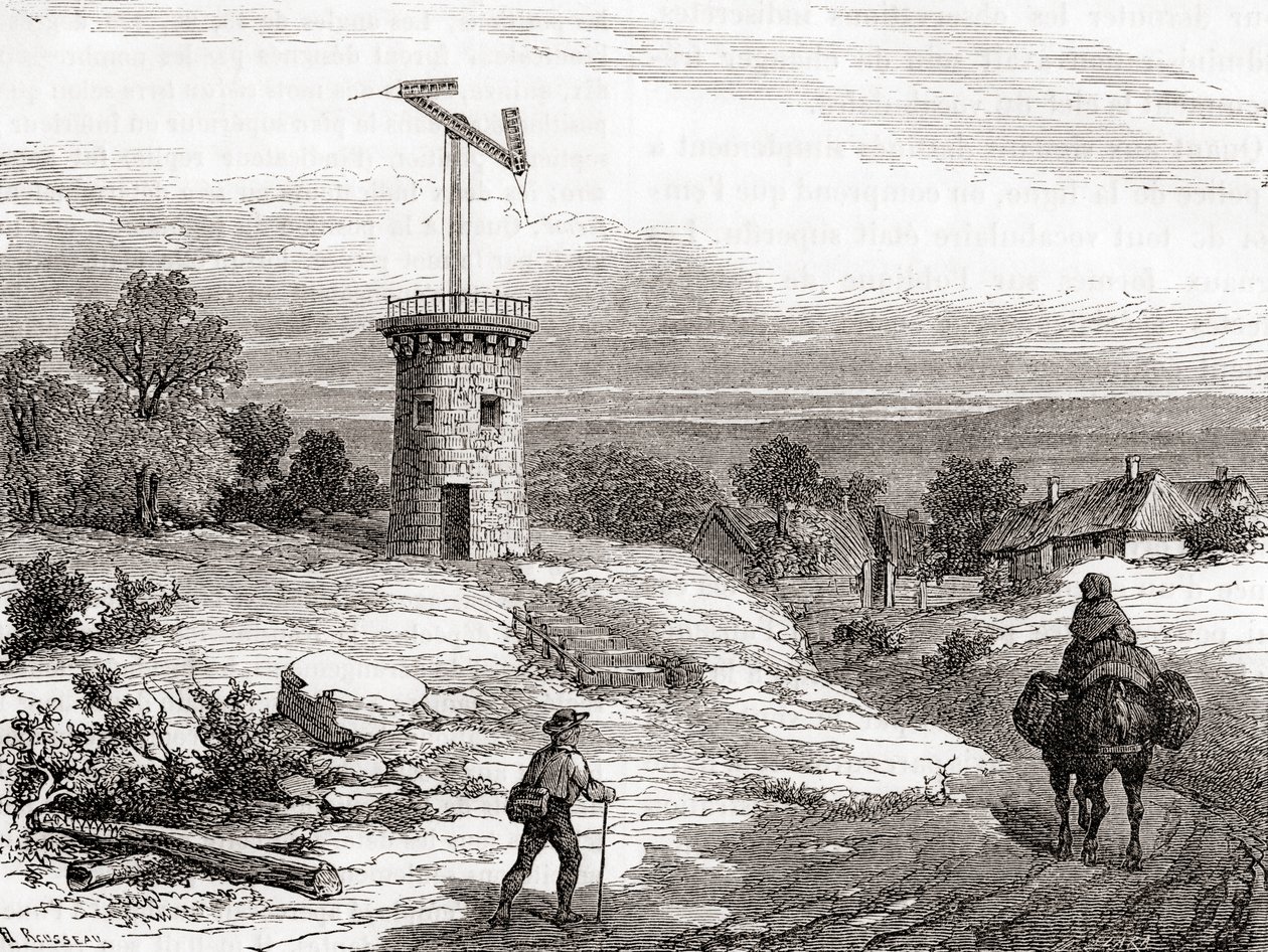Ilmalennätin 1700-luvulla, Les Merveilles de la Science, julkaistu noin 1870 (kaiverrus) tekijältä French School