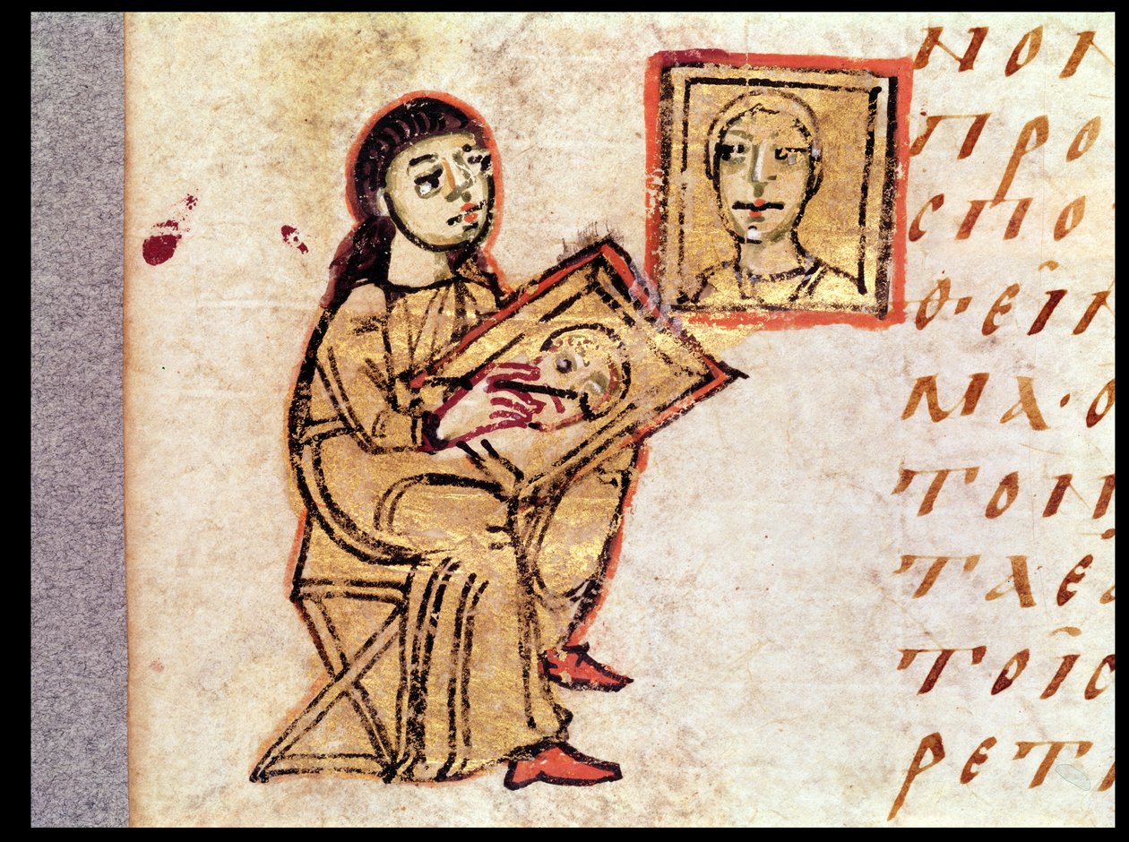 Taiteilija, joka kopioi maalausta, St. John Damascenen (d.754) Sacra Parallelasta tekijältä French School