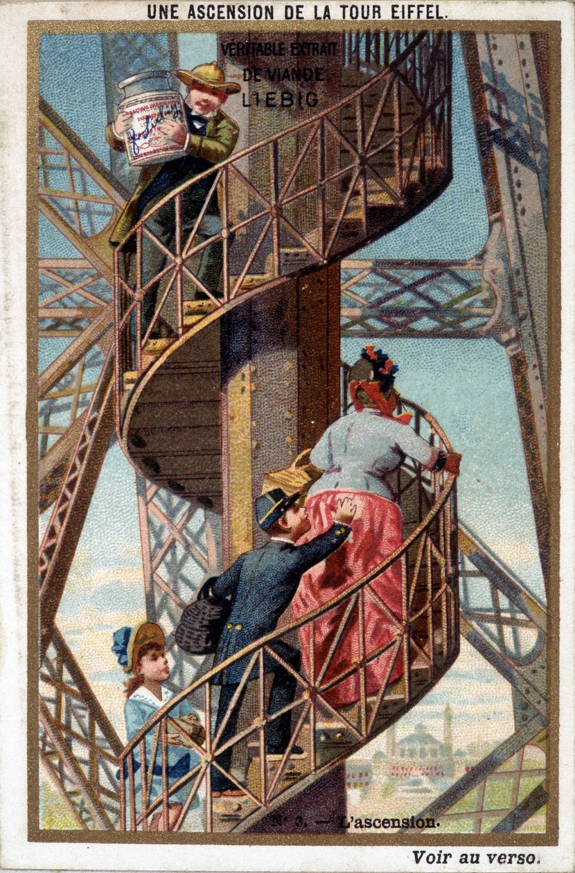 Nousu Eiffel-tornille: portaiden luona - kromo. Liebig, deb. 20. vuosisata tekijältä French School