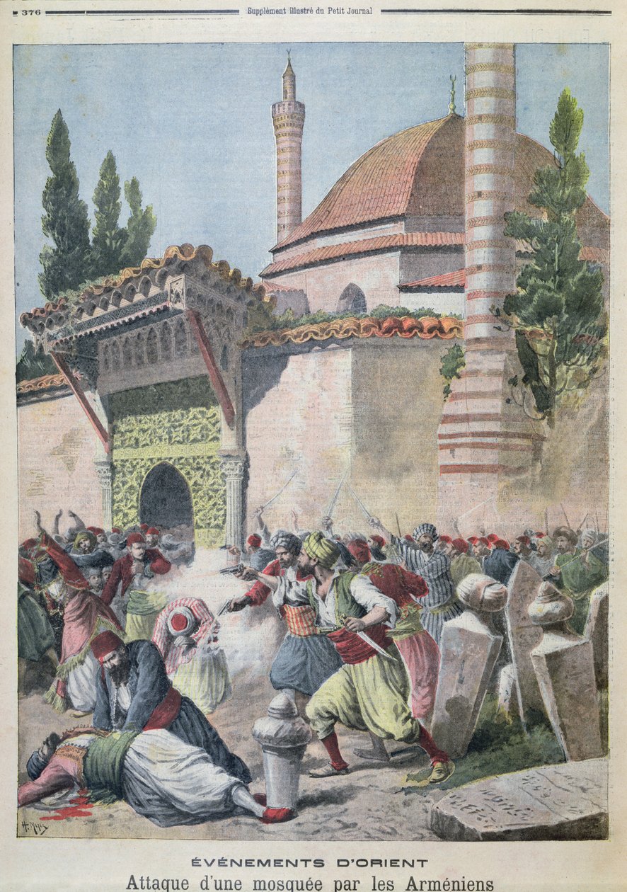 Armenialaisten hyökkäys moskeijaan, kuva Le Petit Journalista 1895 tekijältä French School