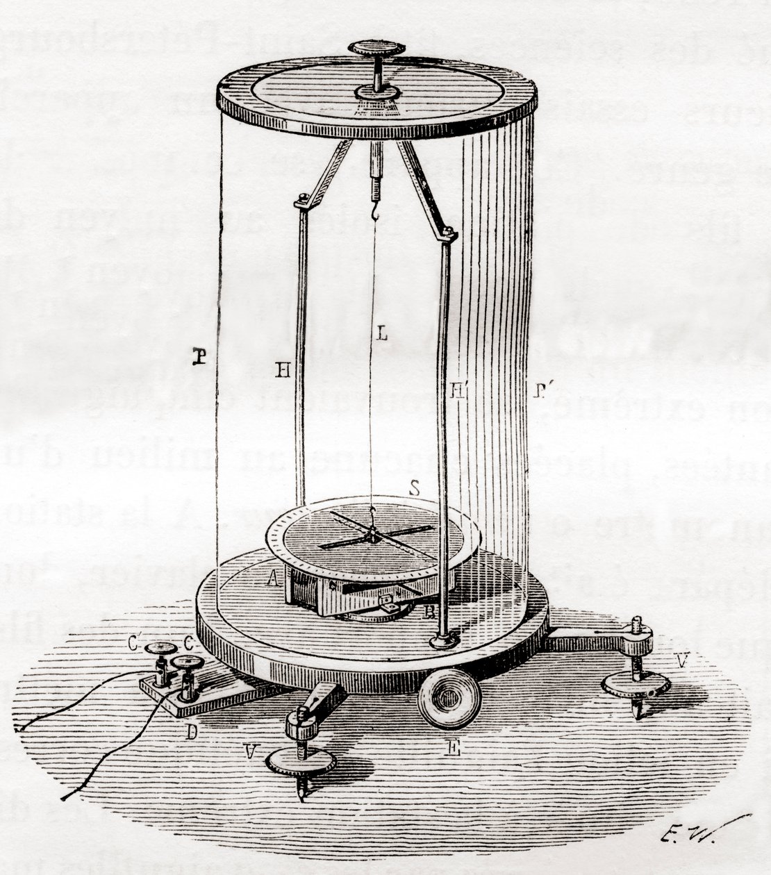 Varhainen galvanometri, eräänlainen ampeerimittari, mittauslaite, jota käytetään virtapiirin sähkövirran mittaamiseen, julkaisusta Les Merveilles de la Science, noin 1870 (kaiverrus). tekijältä French School