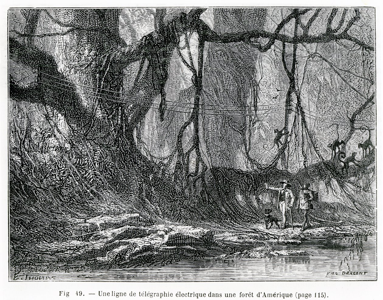 Sähköinen lennätinlinja amerikkalaisessa metsässä, n. 1870 (kaiverrus) tekijältä French School