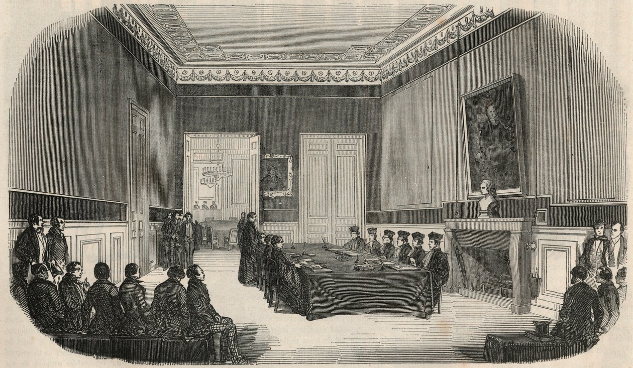 Tentti Pariisin oikeustieteellisen korkeakoulun neuvotteluhuoneessa - Kaiverrus "" Tableau-de-Paris "" Edmond Texier 1852 tekijältä French School
