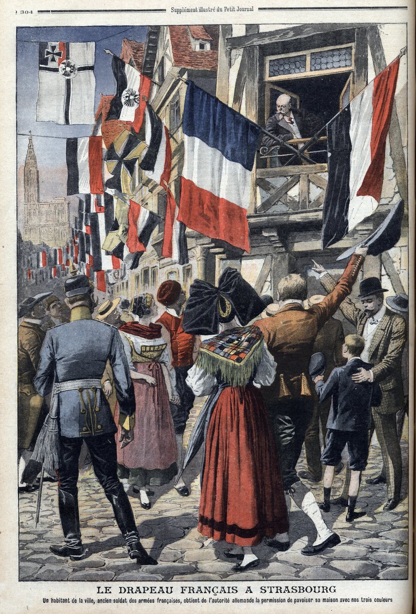 Vanha ranskalainen sotilas Saksan miehittämässä Strasbourgissa saa näyttää Ranskan lippua - "Le Petit Journal" 20. syyskuuta 1908 (kaiverrus) tekijältä French School