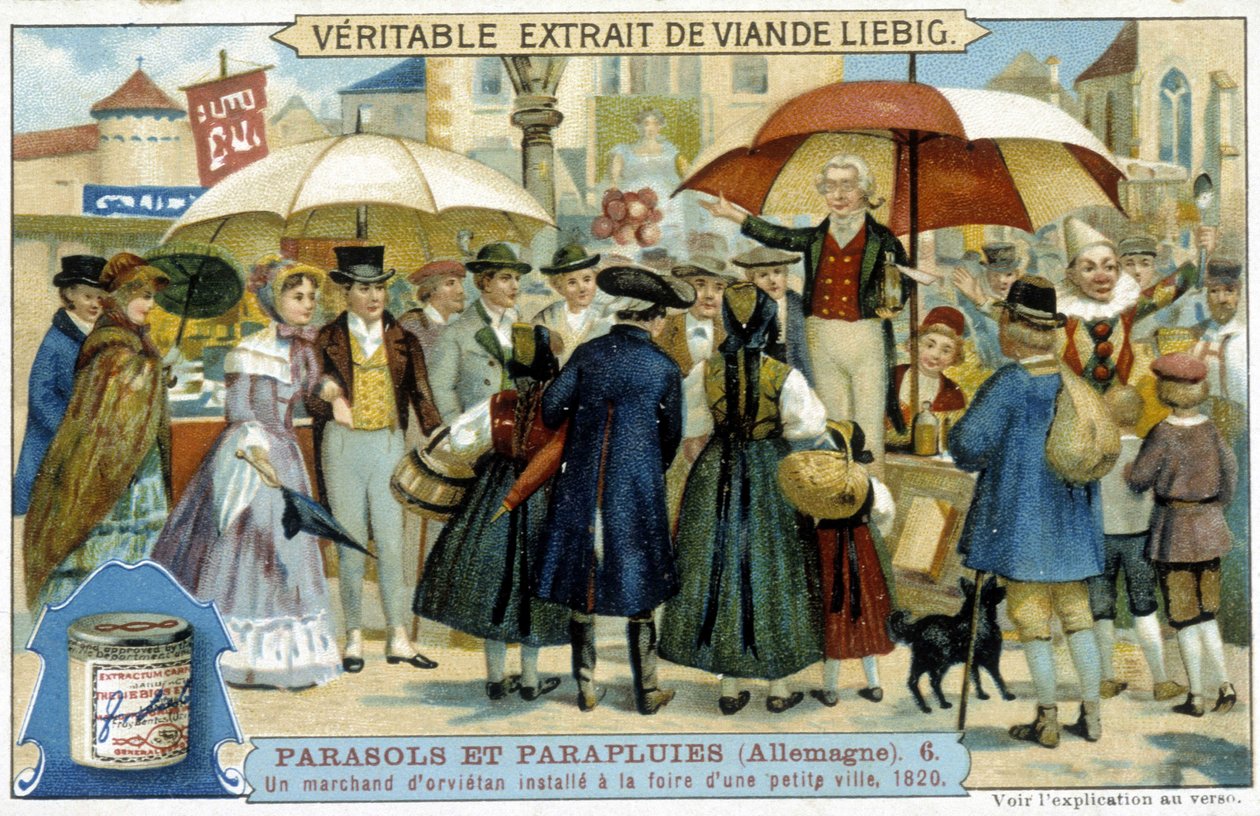 Orvietan-kauppias (charlatan) asennettu pikkukaupungin messuille Saksaan - Mainosmerkki Liebig, v.1900 tekijältä French School
