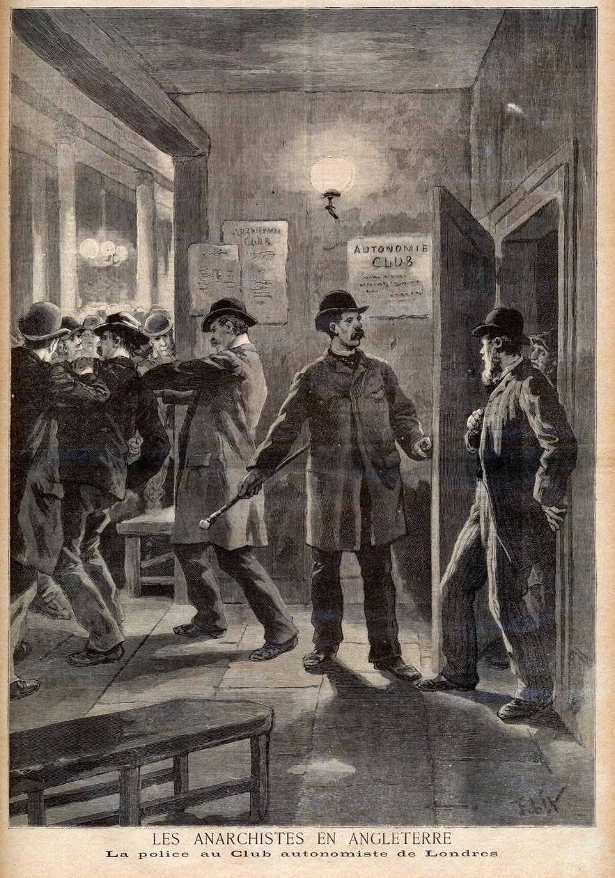 Anarkistit Englannissa. Poliisi teki ratsian Lontoon Autonomy Clubiin. Anarkistit Englannissa. Poliisi Lontoon Autonomist Clubissa. Kuvitus Le petit Journaliin, 5. maaliskuuta 1894 tekijältä French School