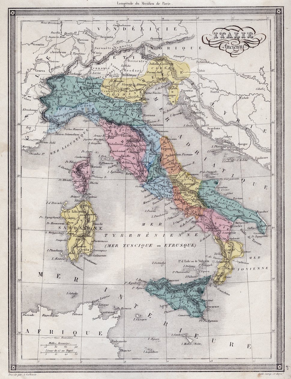 Muinainen Italia - Levy, joka on otettu Vuilleminin muinaisen ja modernin maantieteen universaalista kartasta asuinkouluille - noin. 1845 tekijältä French School