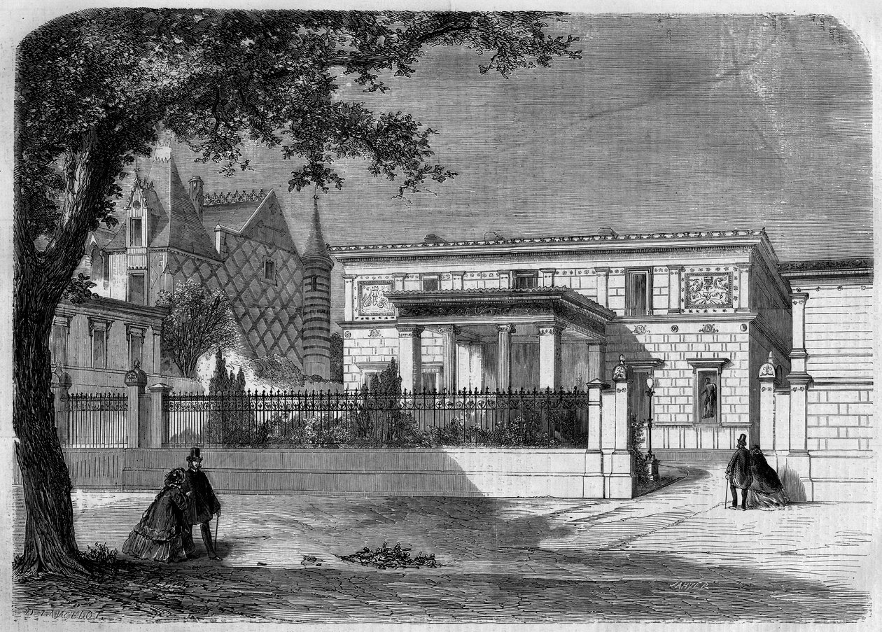 Muinainen arkkitehtuuri: näkymä arkkitehti Alfred Normandin rakentaman "Prinssi Napoleonin" (1822-1891) pompeilaisen talon julkisivusta. Pariisi, rue Montaigne tekijältä French School