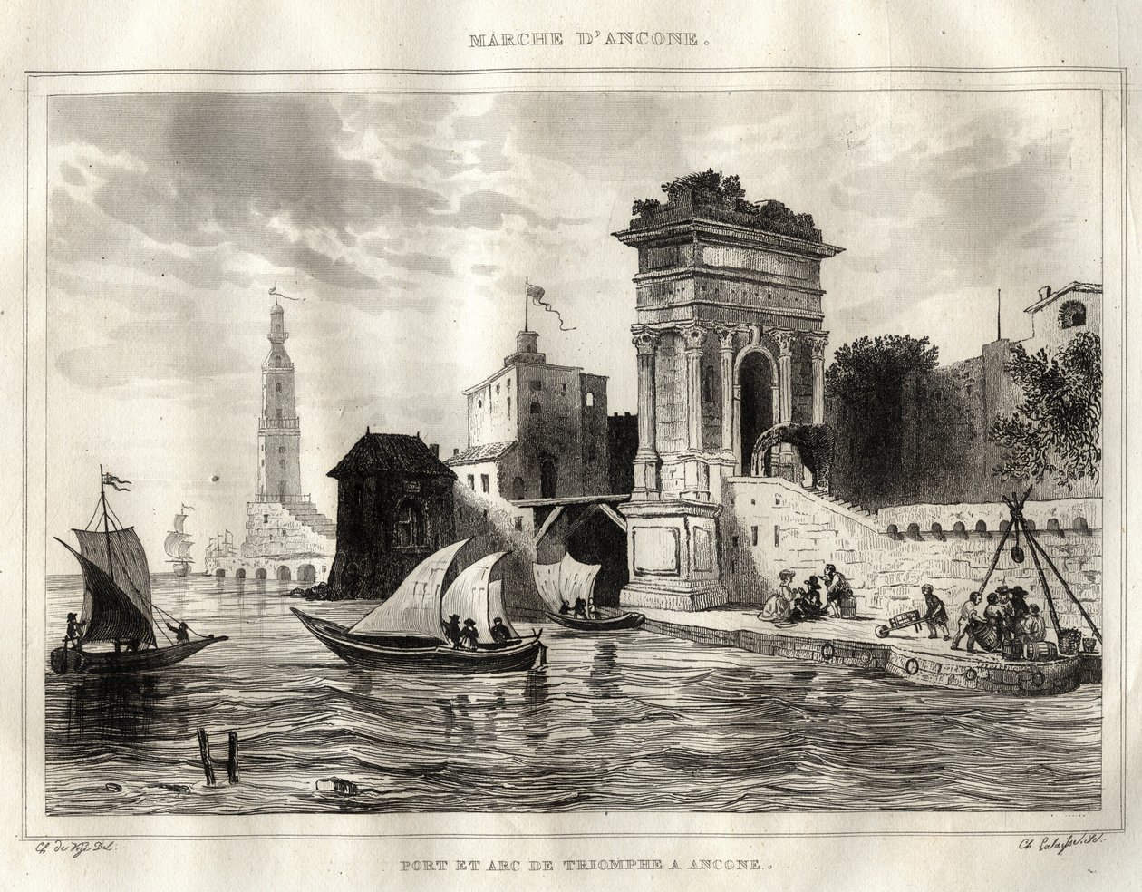 Ancona - Ancona - Italia - Trajanuksen kaari, muinainen roomalainen Apollodoron teos - Kaari on sijoitettu Anconaan - Kaiverrus "Italia maalauksellisesta"" - Italian historiallinen ja kuvaava maalaus", M. de Norvins, Ch. Nodier 1834-1836. tekijältä French School