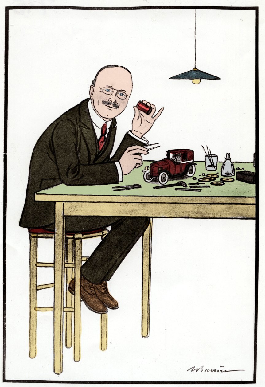 Andre Citroen (1878-1935) tekemässä pienoismalliautoa; piirros Barriere. tekijältä French School
