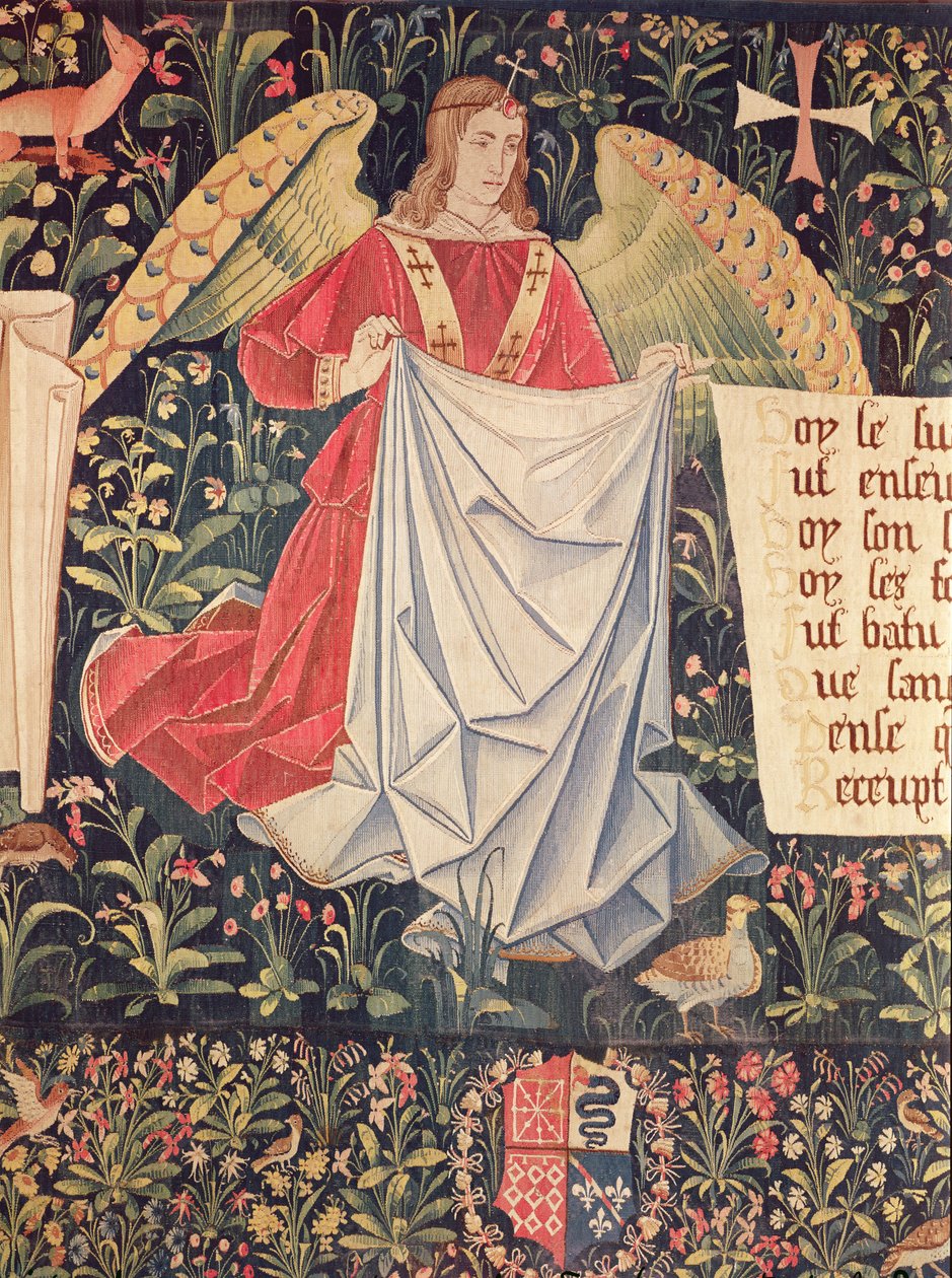 Enkeli pitelee käärinliinaa, yksityiskohta teoksesta The Angels Bearing Instruments of the Passion tekijältä French School