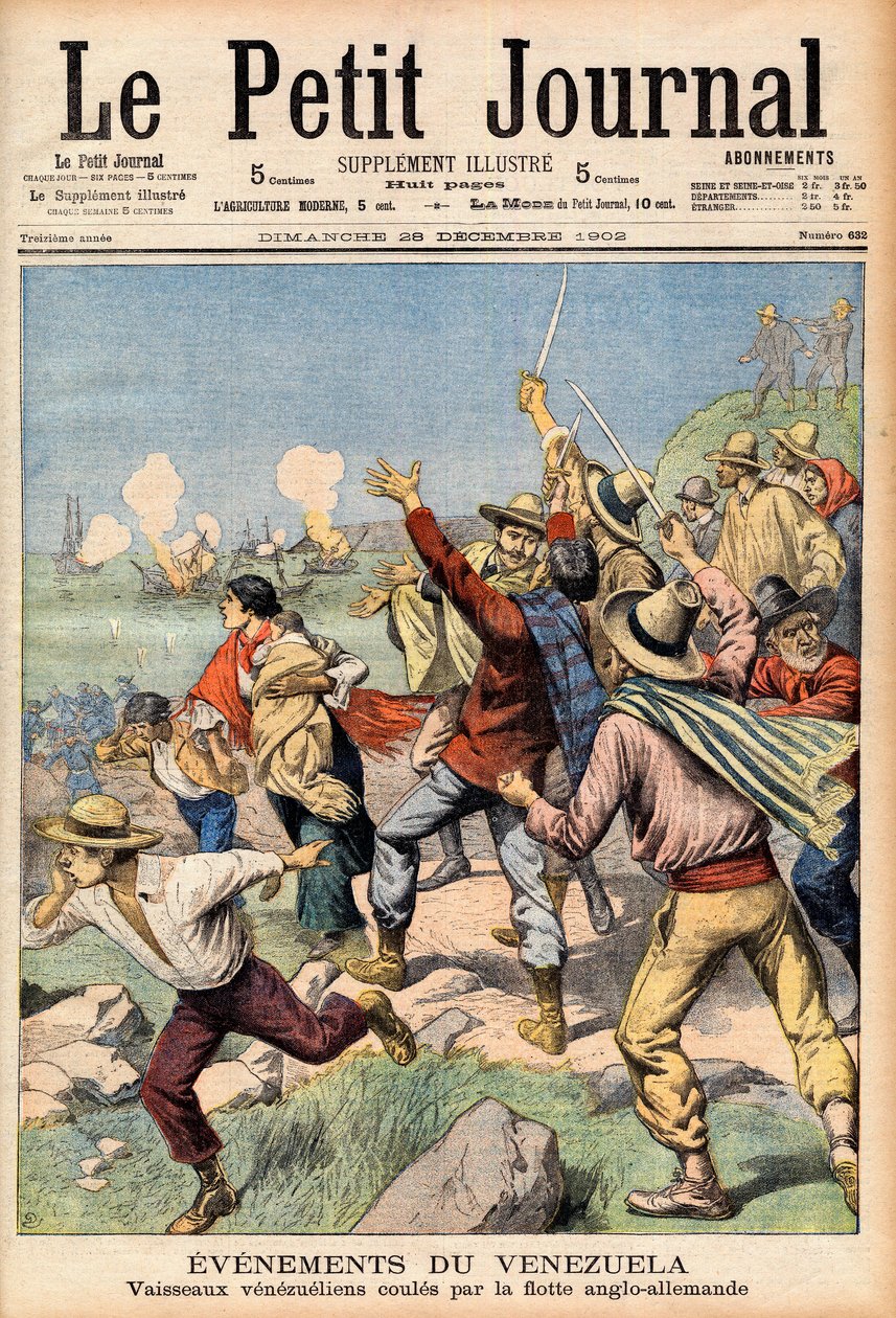 Englantilais-saksalaiset interventiot Venezuelassa vuosina 1902-1903 - Le Petit Journalin ensimmäinen sivu 28. joulukuuta 1902: Venezuelan tapahtumat: Englantilaisen ja saksalaisen laivaston upottamat venezuelialaiset veneet (kaiverrus) tekijältä French School