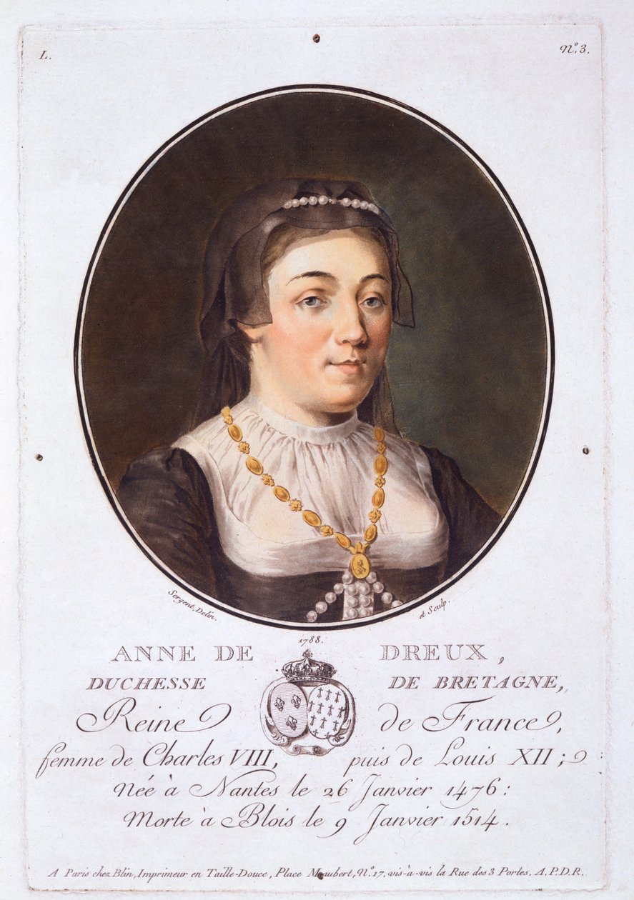 Anne de Dreux, Bretagnen herttuatar, teoksesta Muotokuvia Ranskan suurmiehistä, maineikkaista naisista ja ikimuistoisista aiheista, julkaistu 1787-92 tekijältä French School