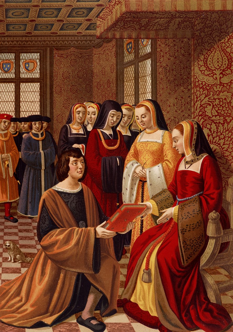 Bretagnen Anne (1477-1514) kunnianaistensa ympäröimänä. Kromolitografia 1500-luvun pienoismallin jälkeen. Arts Deco -kirjasto, Pariisi tekijältä French School
