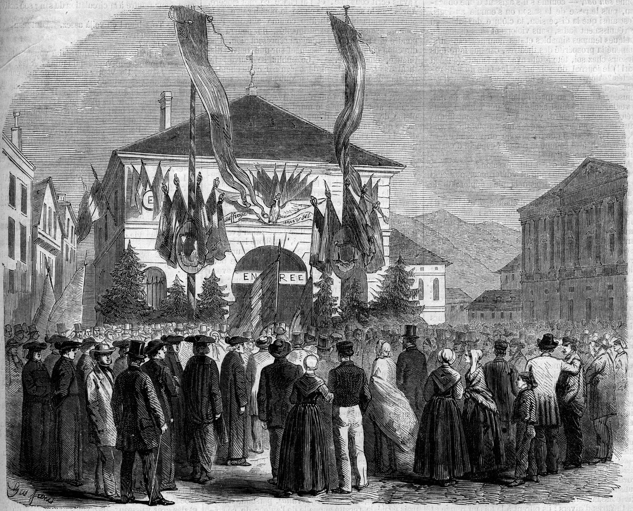 Savoien liittäminen Ranskaan, Chambery, 22. huhtikuuta 1860: väestön äänestys Savoien liittämisestä Ranskaan. Kaiverrus "" Le Monde Illustré" -julkaisussa nro 160, 5. toukokuuta 1860. tekijältä French School
