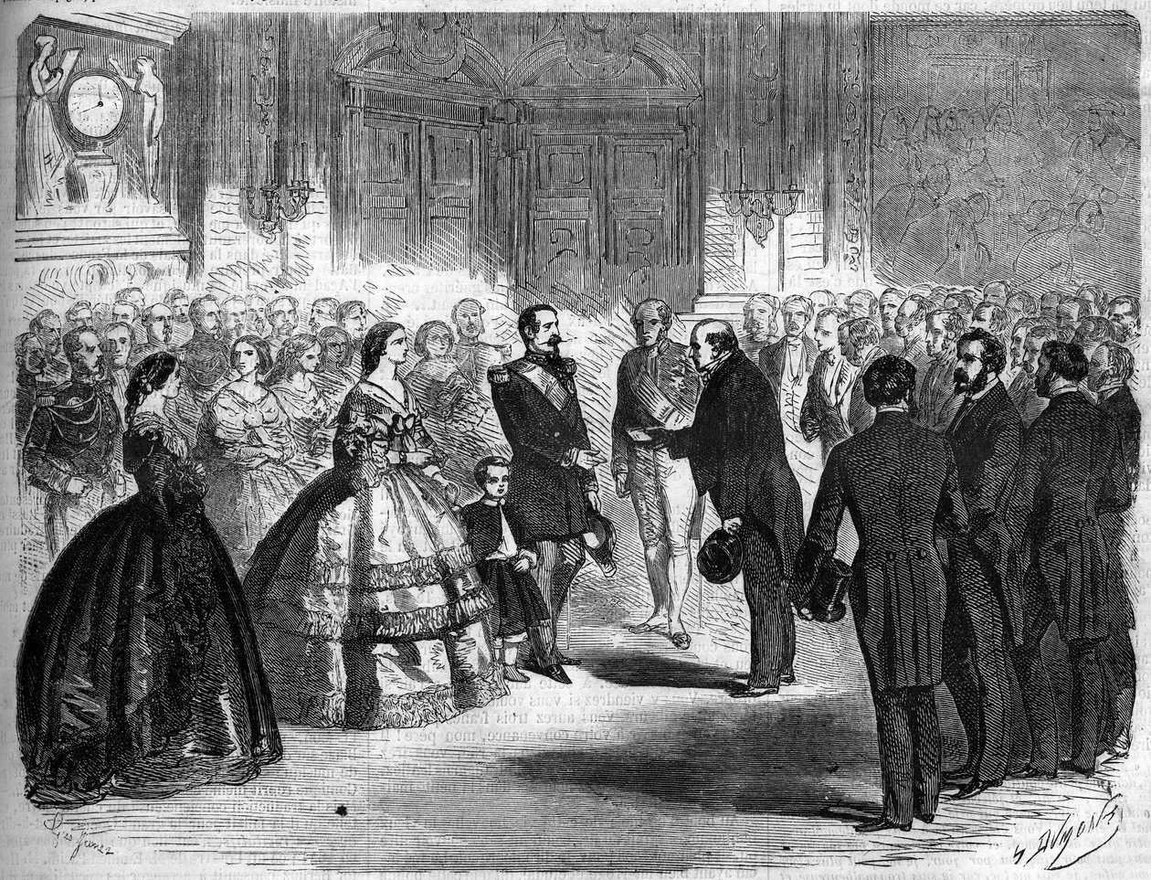 Savoyn liittäminen Ranskaan, Pariisi, 22. maaliskuuta 1860: keisari Napoleon III:n (1808-1873) ja Impress Eugenie de Montijon (1826-1920) vastaanotto Amedee Greyfie de Bellecomben (1811-1879) ja Savoyan deputaatiosta Tuileries. Kaiverrus "" Le Mo tekijältä French School