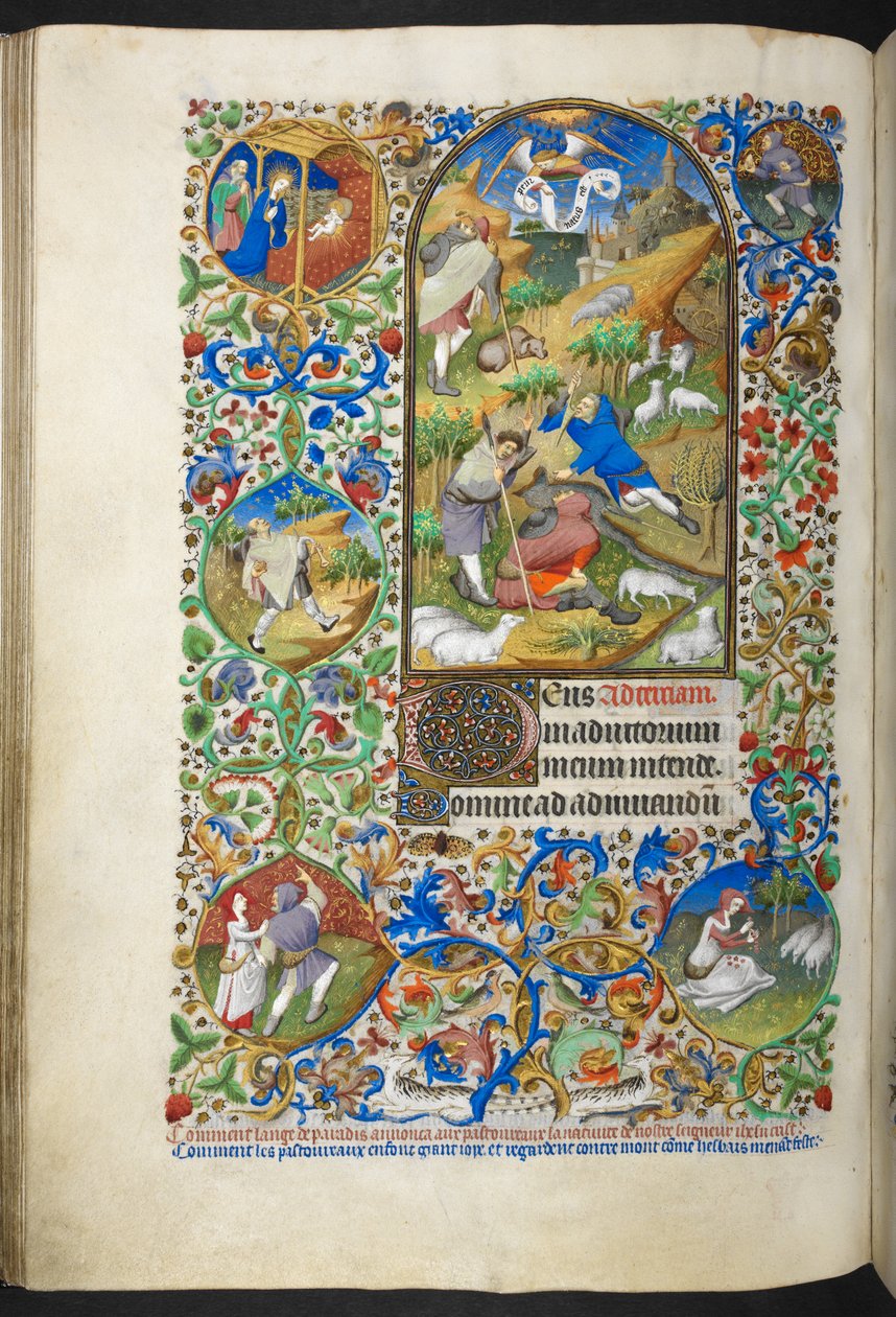 Ilmoitus paimenille, lisää Ms 18850 f.70v Book of Hours (The Bedford Hours) n. 1410-30 (mustetta, väriä ja kultaa perunakalvolla) tekijältä French School