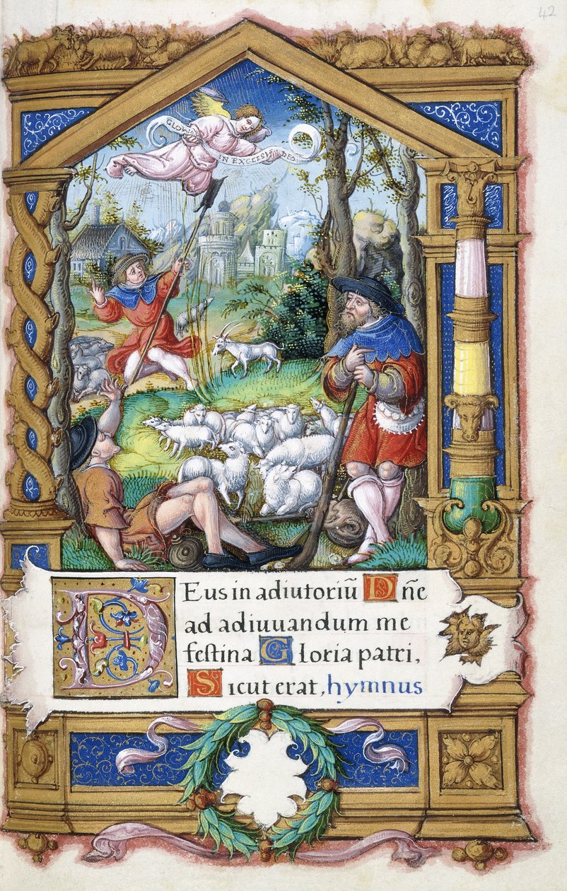 Ilmoitus paimenille, Francois I:lle tehdystä tuntikirjasta, n. 1532-1540 tekijältä French School