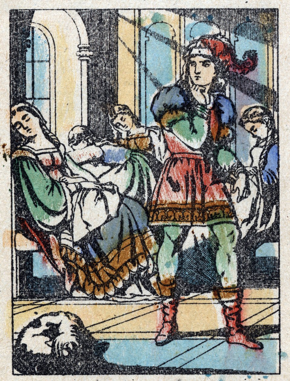 Nimetön kuvitus ranskalaisen kirjailijan Charles Perraultin (1628-1703) tarinaan "La belle au bois dormant". Puukaiverrus Imaging Pellerin - Epinal, sd. 1800-luvun loppu. tekijältä French School
