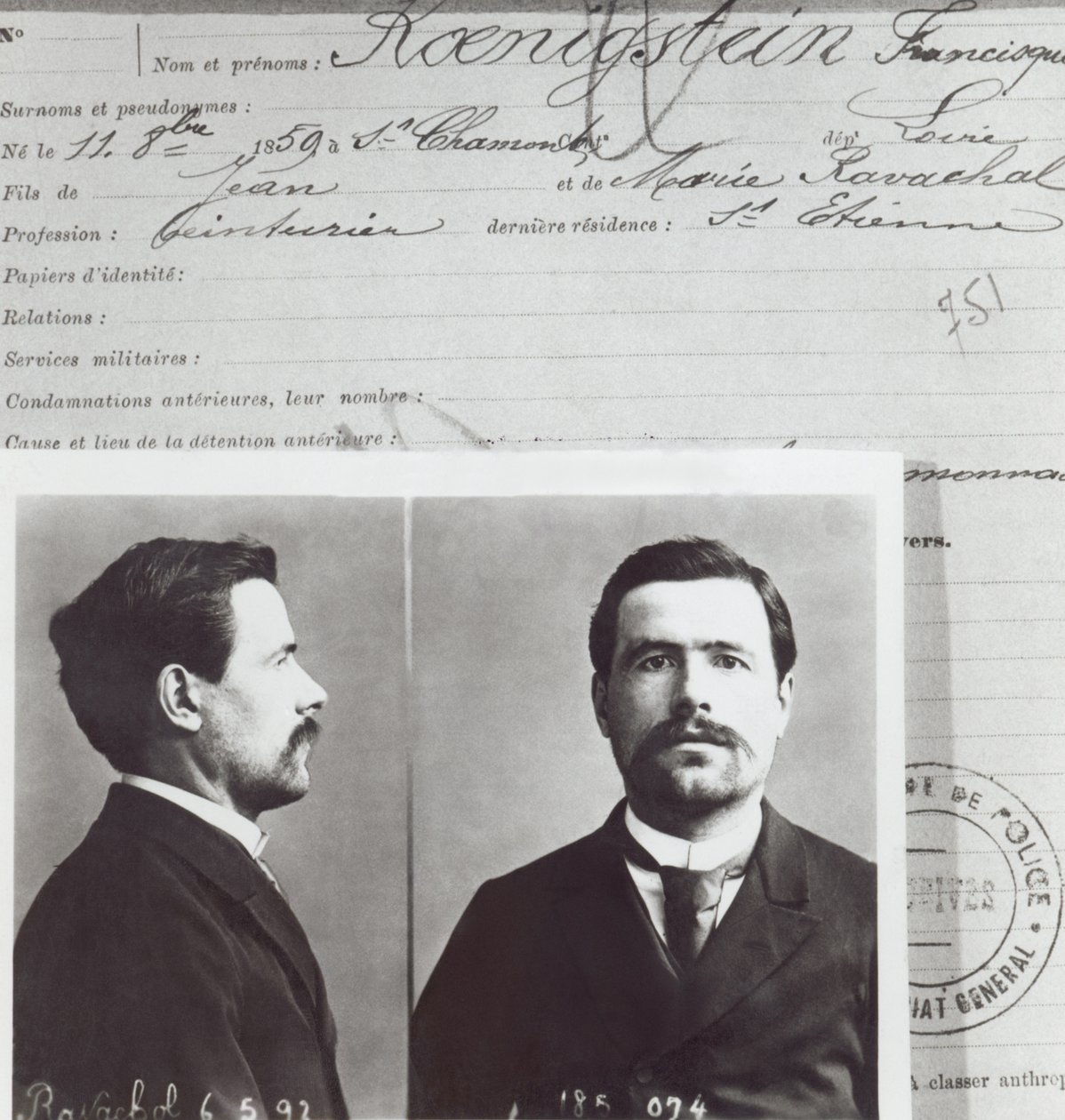 Francois Claudius Koenigsteinin antropometrinen muoto, niin kutsuttu Ravachol (1859-92), tekijältä French School