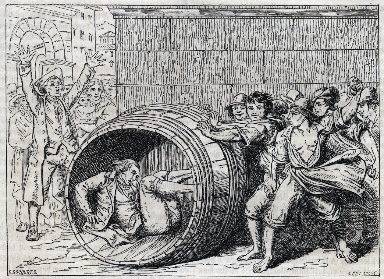Antisemiittien vaino 1600-luvulla: Rooman asukkaat pyörittelevät juutalaista tynnyrissä. Kuvitus "Meo Pataccasta", Giuseppe Bernerin (1637-1700) runo. Kaiverrus Bocourt. tekijältä French School