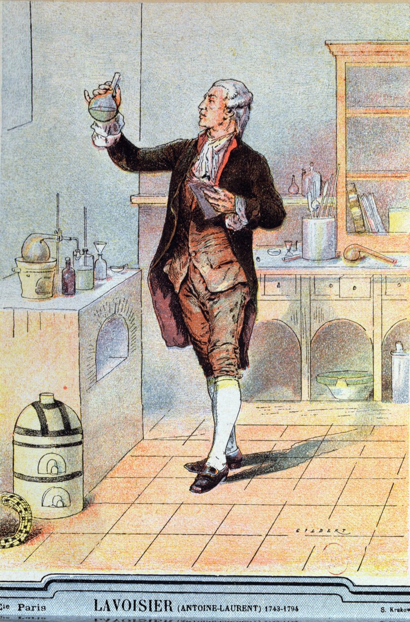 Antoine Laurent de Lavoisier (1743-94) kuvitus koulun oppikirjasta, n. 1900 tekijältä French School
