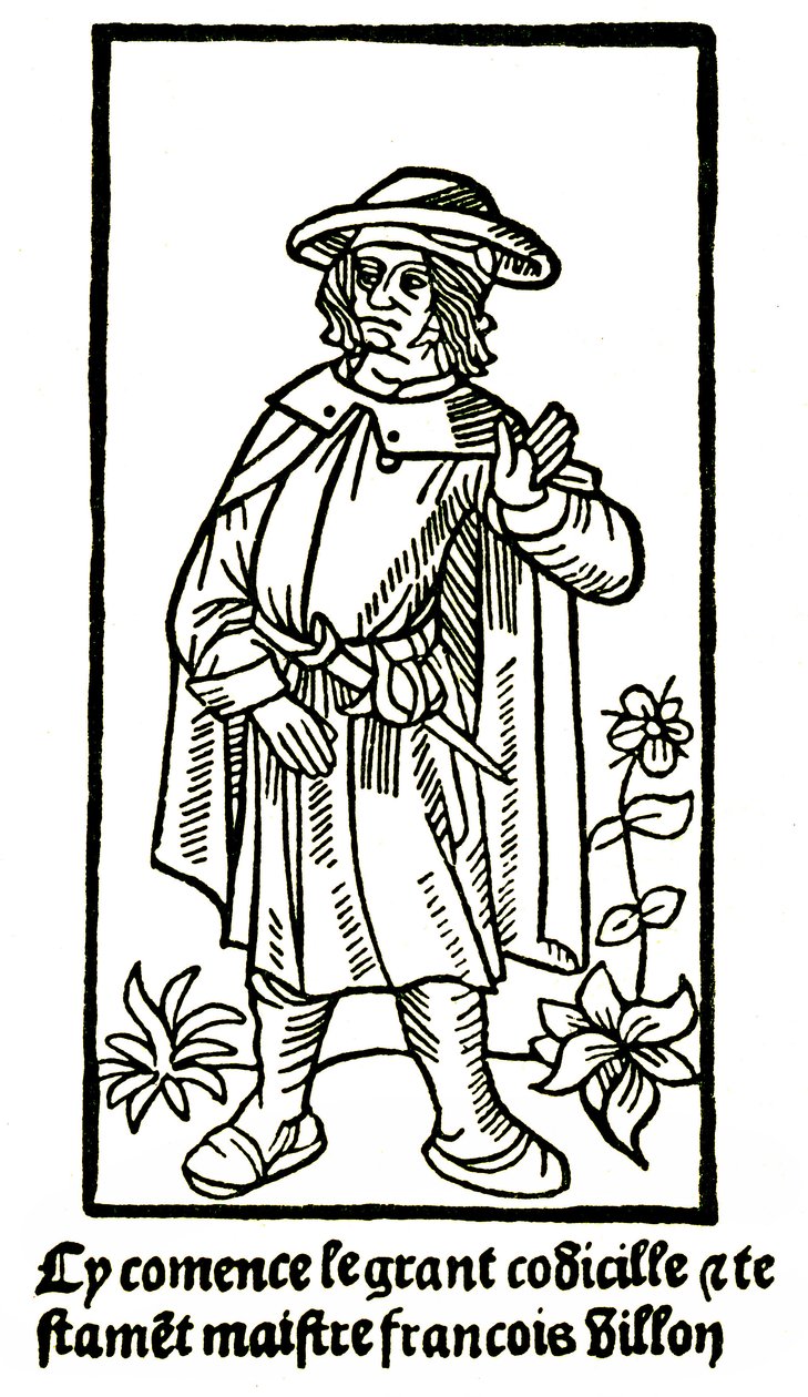 Apokryfinen muotokuva runoilijasta Francois Villonista teoksessa "The Grand Testament" - "Cy Comence le grant codicille & testamet maistre Francois Villon"" (tästä alkaa grand codicille et testament) painos P Levet 1489 (puupiirros) tekijältä French School