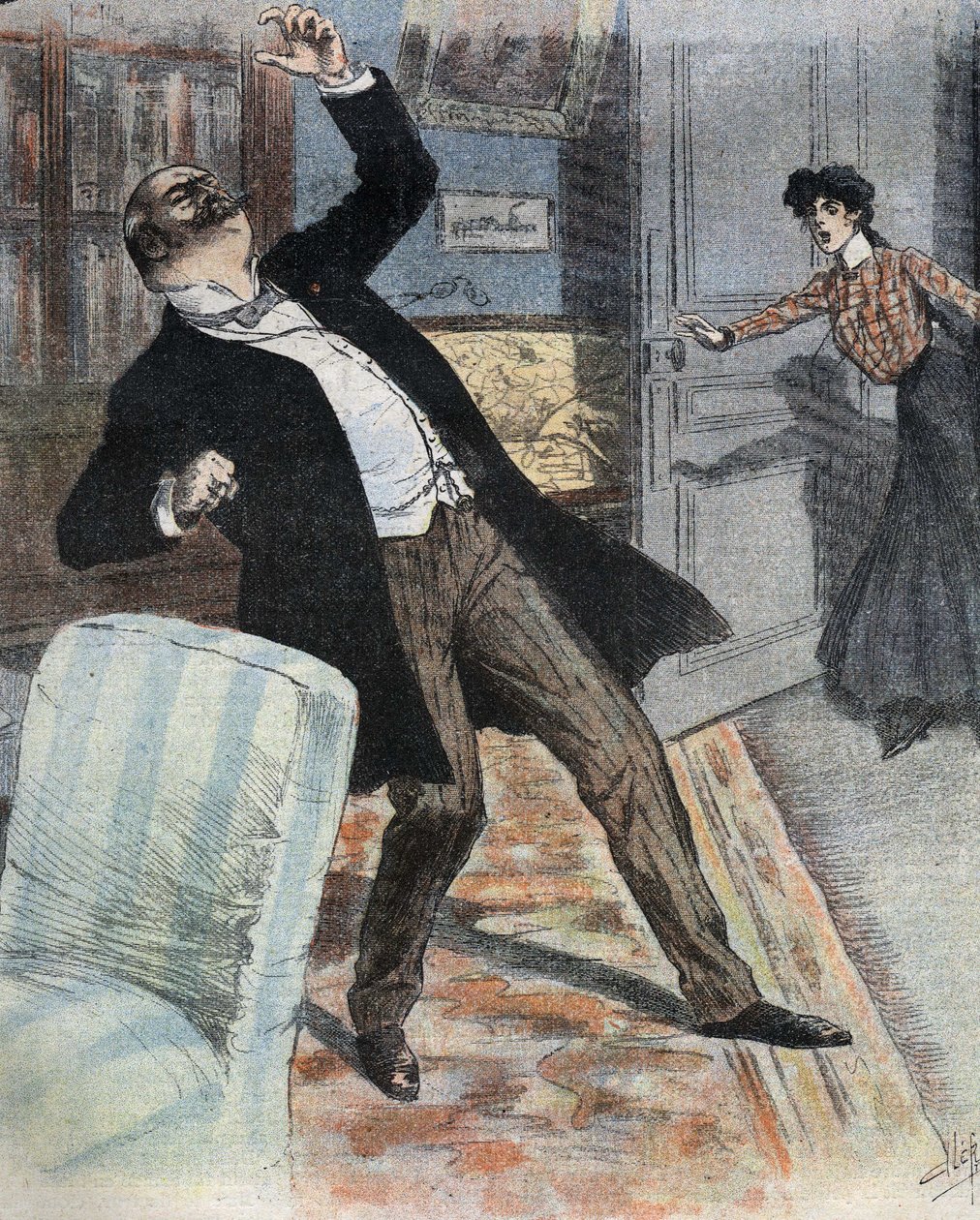 Apopleksiakohtaus (aivojen toiminnan äkillinen lopettaminen aivojen verenkiertohäiriön vuoksi). Kuvitus 1800-luvun lopusta Max Villemerin romaanille "" gogosse". tekijältä French School