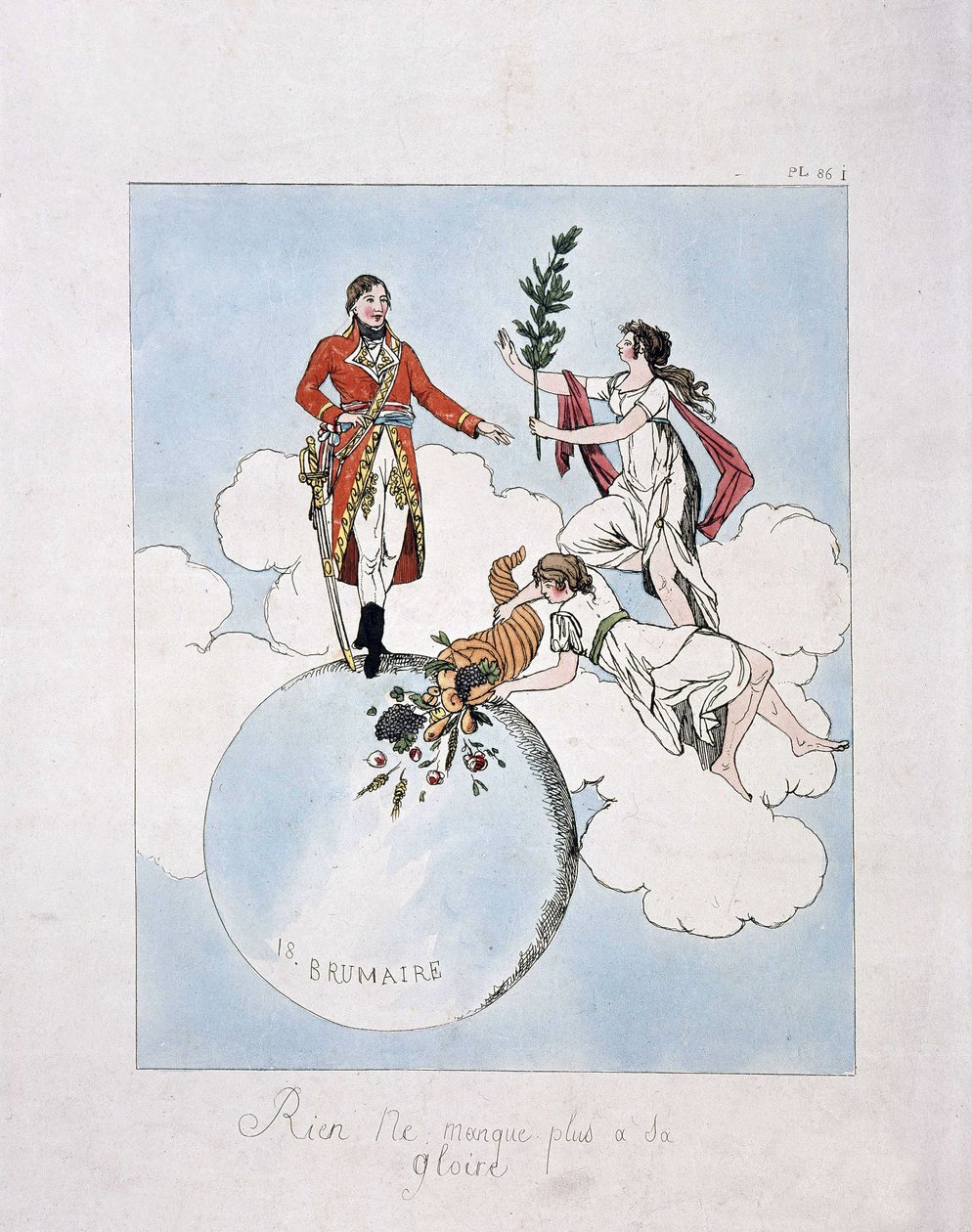 Napoleon-Bonaparten apoteoosi 18. brumairen vuoden VIII vallankaappauksen aikana (9.11.1799). (nymfit esittelevät hänelle laakeria ja runsauden sarvia) tekijältä French School