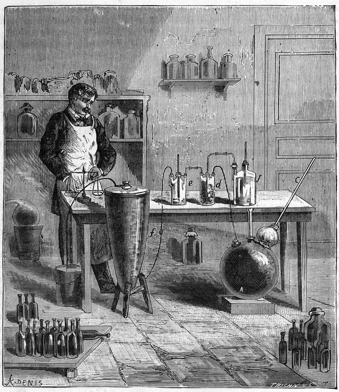 Eugene SOUBEIRANin (1797-1858) laitteisto ruokasoodan valmistukseen - Kaiverrus "" Tieteet kaikkien armoille - Suosittu fysiikka ja kemia", kirjoittanut Alexis Clerc - 1800-luvun loppu - Yksityinen kokoelma tekijältä French School