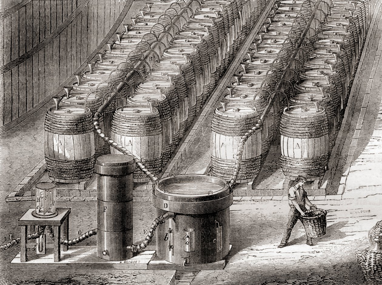 Laite, jota käytetään vetykaasun valmistamiseksi rikkihapon vaikutuksella rautaan täytettäessä ilmapalloa, "Les Merveilles de la Science", julkaistu n. 1870 (litho) tekijältä French School