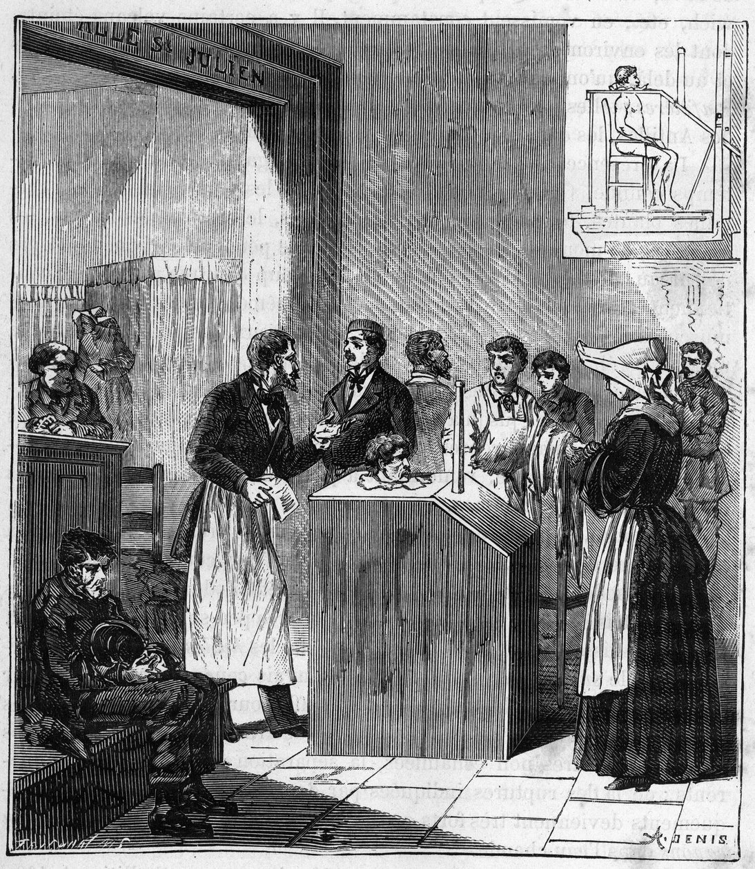 Laitteet, joita käytettiin Pariisin sairaaloissa 1800-luvun lopulla rikin aiheuttamaa syyhysotaa varten - Kaiverrus Alexis Clercin "Tieteet kaikille armoille - fysiikka ja kemia" - 1800-luvun loppu - Yksityinen kokoelma tekijältä French School