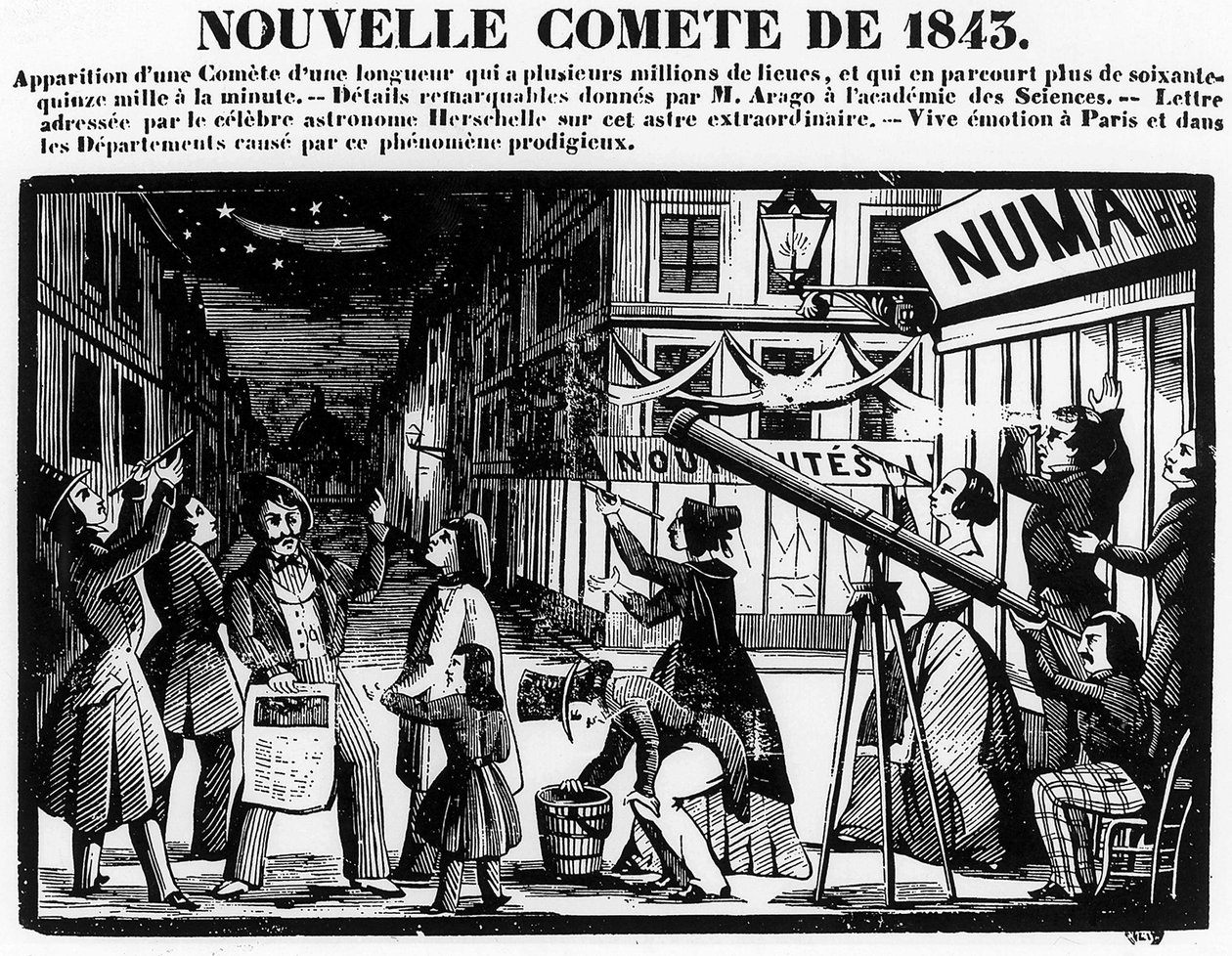 Komeetan esiintyminen Pariisissa vuonna 1843 - kaiverrus tekijältä French School