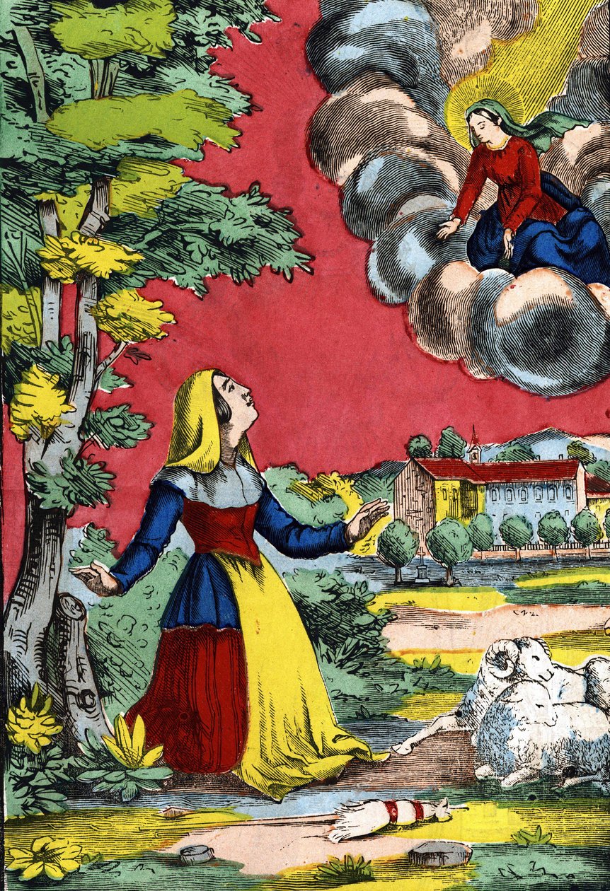 Siunatun Neitsyt ilmestyy pyhille sisarille Benoitelle, joka tunnetaan Lausin paimentyttärenä. Kuva Epinalista, 1800-luvun ensimmäinen puolisko tekijältä French School