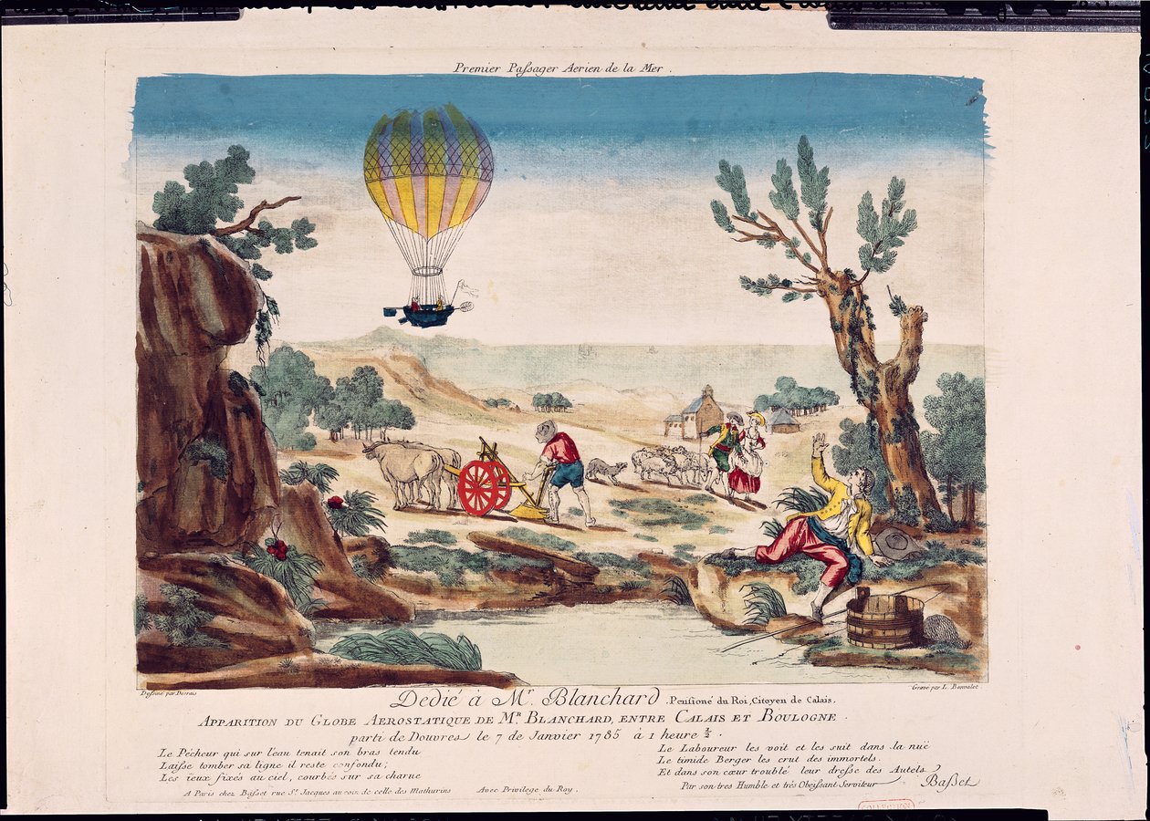 Jean Pierre Blanchardin (1753-1809) kuumailmapallon ilmestyminen Calais
