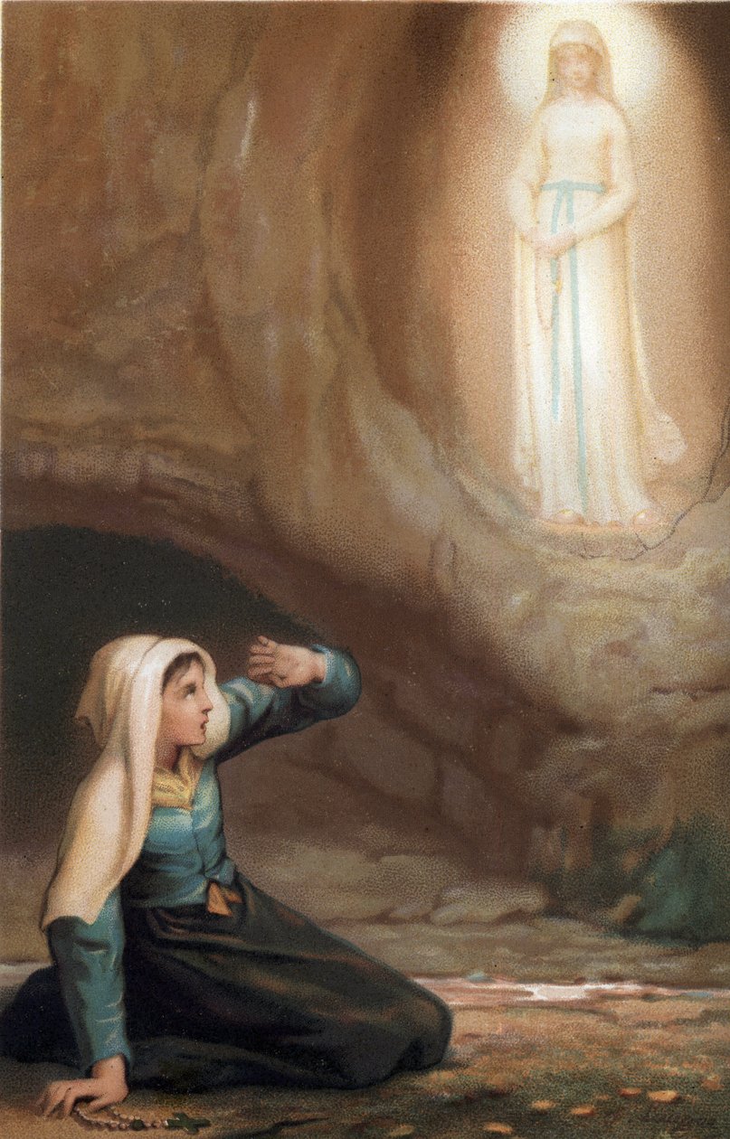 Neitsyt Marian ilmestyminen Bernadette Soubirousille (1844-1879) Lourdesin luolassa, Hautes Pyrenees (65) tekijältä French School