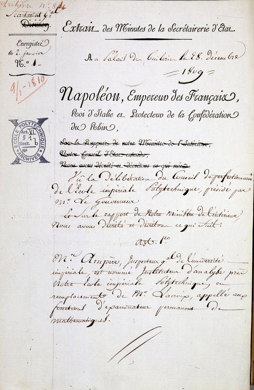 André Marie Ampèren Napoleonin nimittäminen Polytechniquen tarkastajaksi - Pakollinen maininta: Raamatun arkisto. Ecole Polytechniquesta tekijältä French School