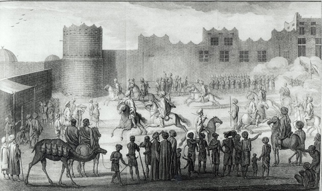 Arabian taistelijat harjoittavat Jemenissä, Arabian kuvauksesta varmistivat Carsten Niebuhrin samoista paikoista keräämät omat havainnot ja mielipiteet, julkaistu 1774 tekijältä French School