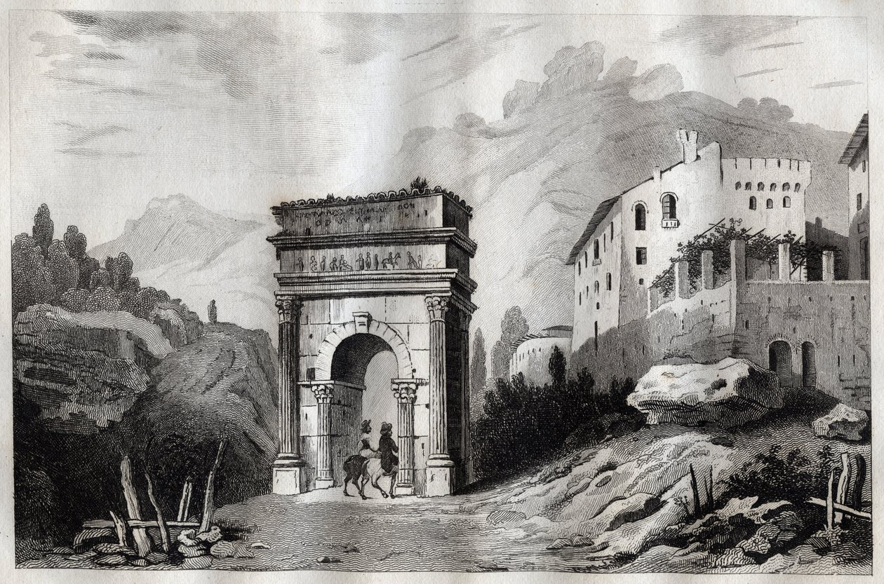 Augustuksen kaari (Susa) - Augustuksen kaari (Susa) - Arco di Augusto (Susa) - Kaiverrus "" Italiasta Maalauksellinen" - Italian historiallinen ja kuvaava maalaus", M. de Norvins, Ch. Nodier 1834-1836. tekijältä French School